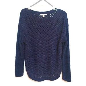 Open Knit Weave Crewneck Sweater in Navy